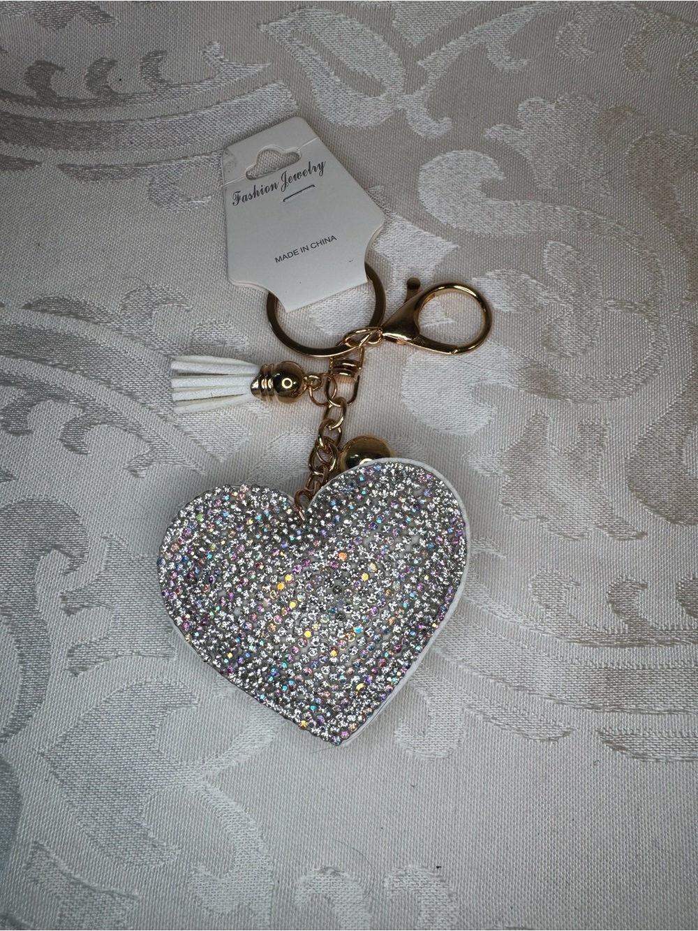New Fashion Jewelry white sparkly Heart Keychain with Tassel